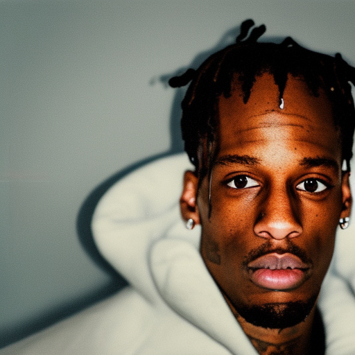 Travis Scott walking in a white walled room, vintage color polaroid by Andy Warhol ultra-realistic portrait cinematic lighting 80mm lens, 8k, photography bokeh