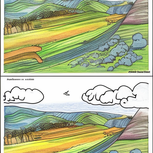 dessin à colorier paysage de campagne avec des détails très précis 

