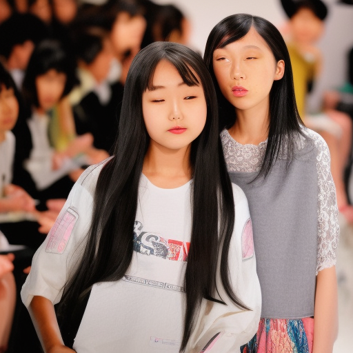 two preteens model japanese girl kissing in fashion show 