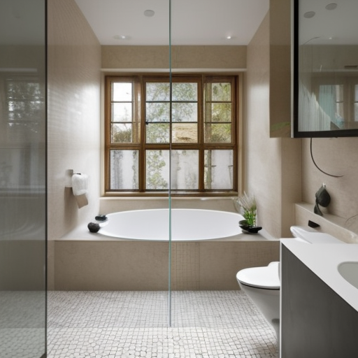 bathroom, interior design, ceramic floor, small window, essential bath tools, realsitc