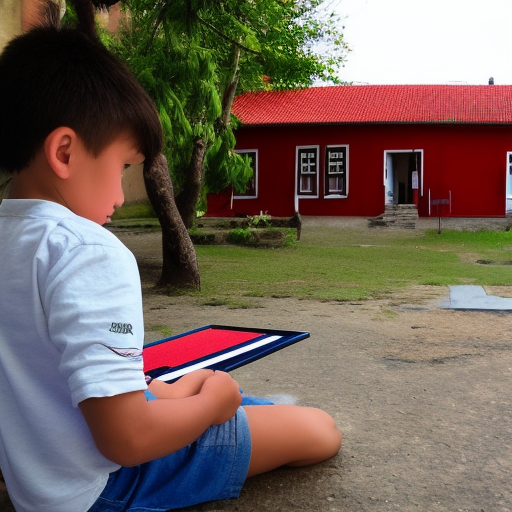 Boy drawing infront of red house