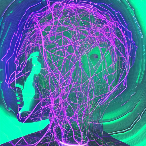 A humanoid Face with a complex intertwined network of emotions such as loneliness and isolation, anxiety, heavy thinking, Aggressiveness, Sorrow that's a heavy burden for the person. The background is a virtual universe of a chaotic landscape of swirling and distorted shapes glowing neon hue shade colours of blue and purple within a deep void.