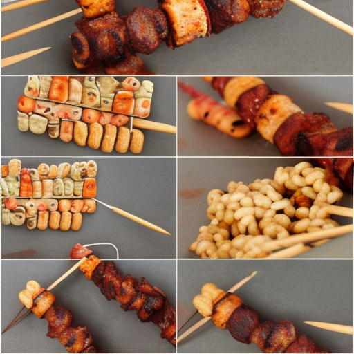 Create an artwork featuring various skewered meat snacks 