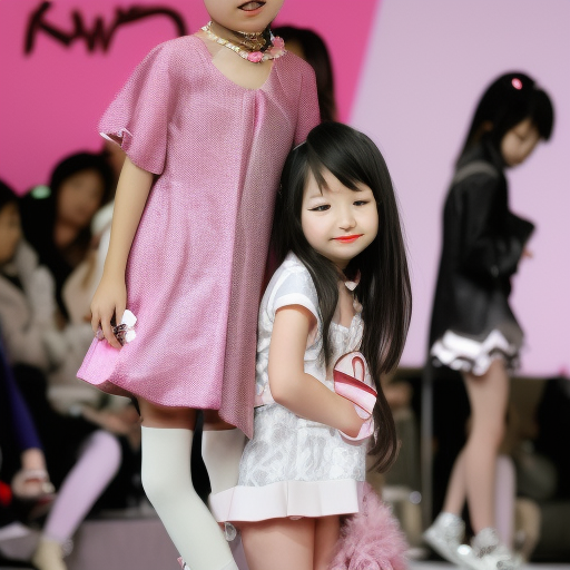 two Little idol japanese girl kissing in fashion show