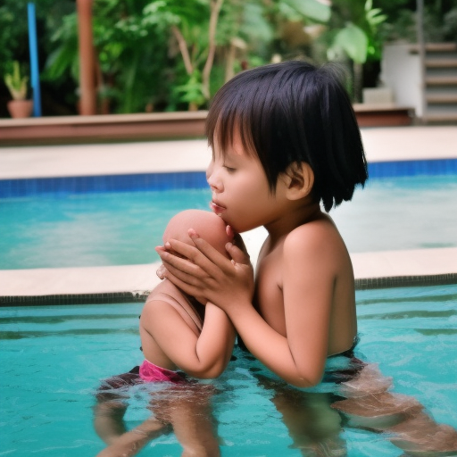 two Little melayu girl kissing in swimming pool 