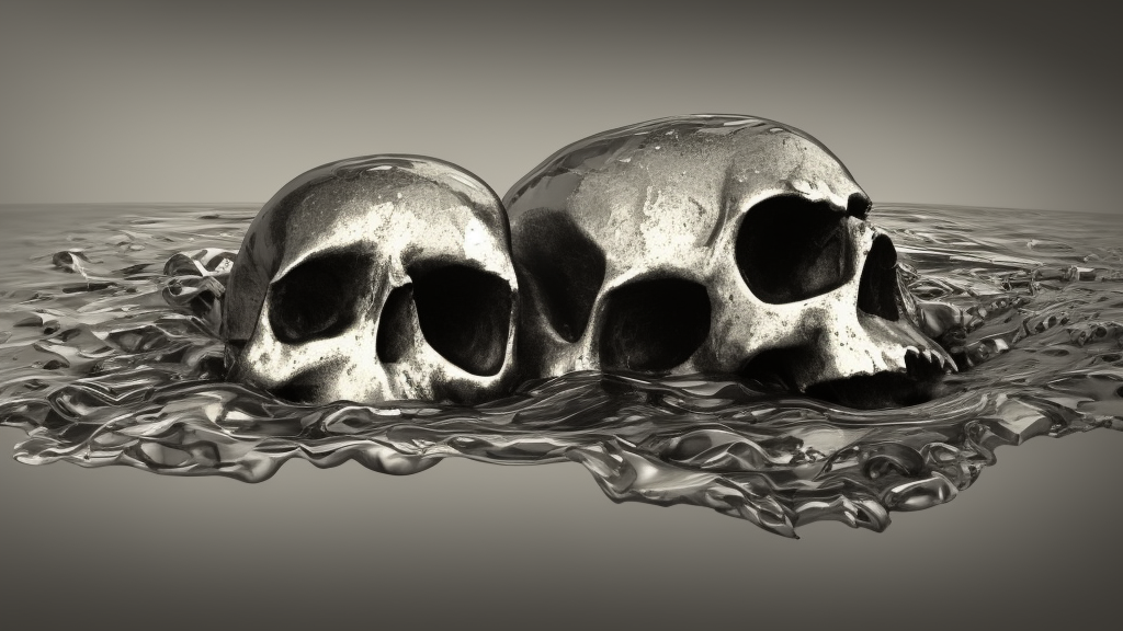 skull lying in a puddle of mercury, pipe in the background, fantasy, digital art, trending on artstation