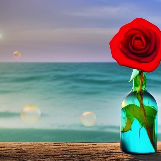 soap bubbles fly around in the sky, a red rose in a glass bottle on the beach, background blue sea with big waves at a mystical radiant sunset