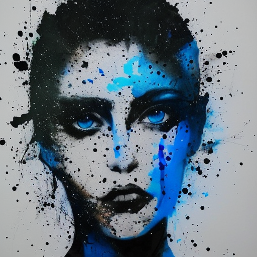 matte portrait of a young woman with glowing blue eyes, covered in black splattered ink, by Antony Micallef