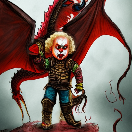 badass young angry clown on the back of a dragon from game of thrones with colorful clothes from further perspective