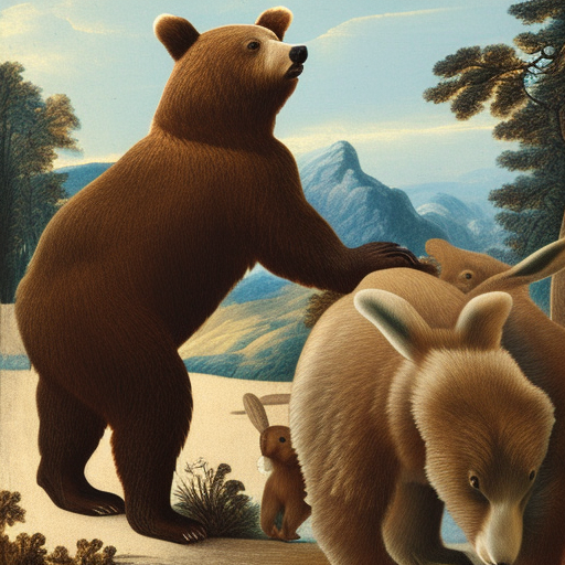 brown bear carrying four white rabbits on his back to cross the strong river, 3D