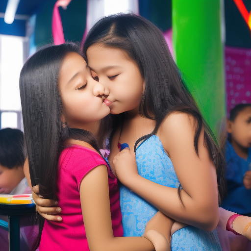 two elementary school melayu girl kissing in night club 