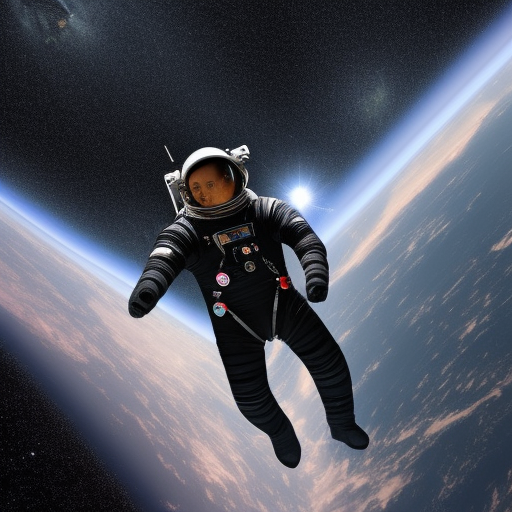 Generate a high-quality visual representation of an astronaut, wearing a black spacesuit, floating in zero-gravity surrounded by a breathtaking 4k resolution galaxy of sparkling stars with a realistic depth and luminosity. the astronaut is far away in middle of image starscap