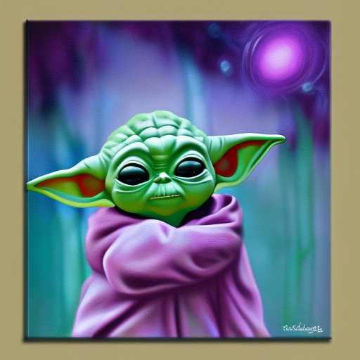 baby yoda surrounded by teal pink and purple bubbles, in forest, at night, warm lighting, digital art, HDR oil painting on canvas
