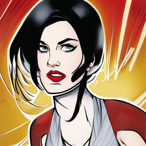 A Marvel Comics style drawing of a tall gorgeous white dark haired woman, with brown eyes, a thin nose and red thin lips, wearing a white tank top beneath a long beige coat