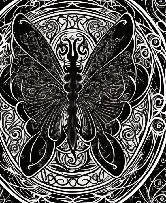 The Mystic: This design portrays a butterfly with ethereal wings, surrounded by swirling patterns and intricate gothic details. The butterfly hovers above an old-style axe, which adds a touch of danger to the design. This design is perfect for fans of dark fantasy and spiritual symbolism,  tshirt design, vector graphics, detail design, contour, white background, --ar 3:2, https://images.prismic.io/rushordertees-web/NjY1NDUxZTktZDQ5ZC00ZGEzLTljZDQtNDUzZTMwZTNhOWQ4_oleg-3-225x300.jpg?auto=compress,format&rect=0,0,225,300&w=225&h=300