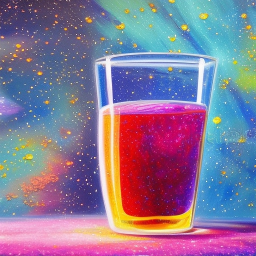 Oil paint style, close up of One glittery galaxy colored juice in mock tail glass on decorated kitchen table, ice cubes, heavy paint strokes, light pastel colors, illustration, gouache paint, 3D, anime style oil painting on canvas