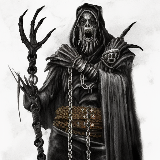 sorcerer of Belakor holding book, belt made from chains, big black nails in flesh, black shadow magic, Warhammer fantasy, creepy, grim-dark, gritty, realistic, illustration, high definition