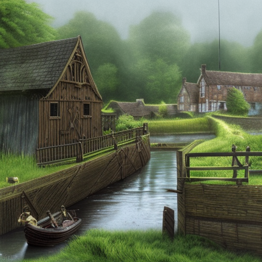 dark medieval river lock, sluices, lock gates, wide river, single house, Warhammer fantasy, summer, bushes, trees, nets, fishing, fish, water-lily, duckweed, boat, poor, black adder, muddy, puddles, misty, overcast, Dark, creepy, grim-dark, gritty, detailed, realistic, illustration, high definition