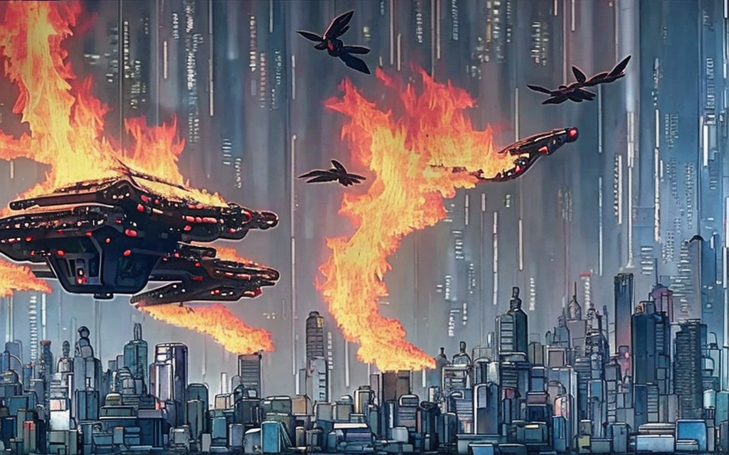 realistic ghost in the shell flying building made of parts and rubbish on fire being attacked by robot birds