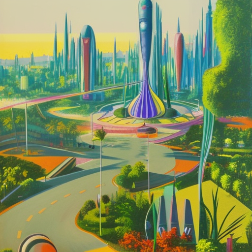 1960s painting of a retro futuristic cityscape, surrounded by lush gardens, as seen from a distance, in the style of Disney's Tomorrowland