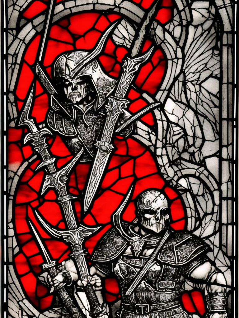 a young aggressive evil satanic triumphant gladiator with a big demonic sword, Warhammer fantasy, stained glass, black and red, grim-dark, detailed