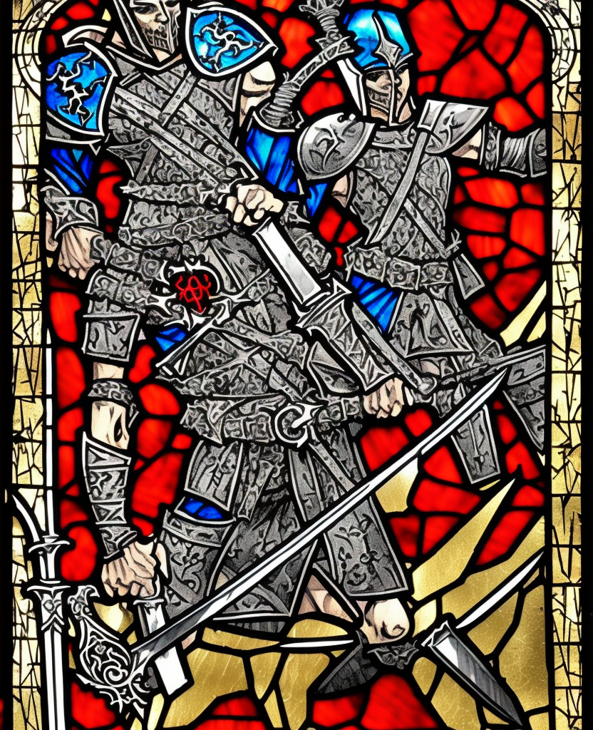 dark medieval, young evil satanic triumphant gladiator holding sword up, Warhammer fantasy, intricate stained glass, black and red, gold and blue, grim-dark, detailed, gritty