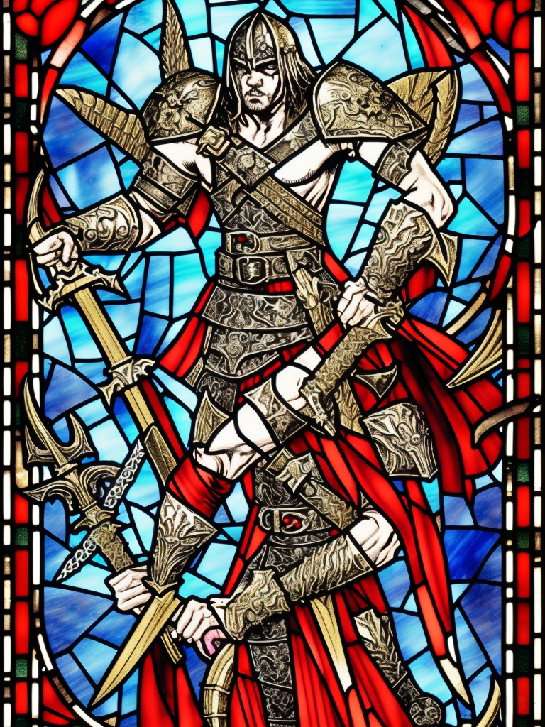 a young evil satanic triumphant gladiator with a sword, Warhammer fantasy, stained glass, black and red, gold and blue, grim-dark, detailed