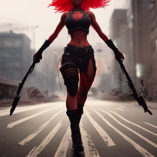 beautiful apocalyptic woman with red Mohawk, standing on middle of street, 4k ultra hd, artgerm, artstation, octane render, elegant, detailed 