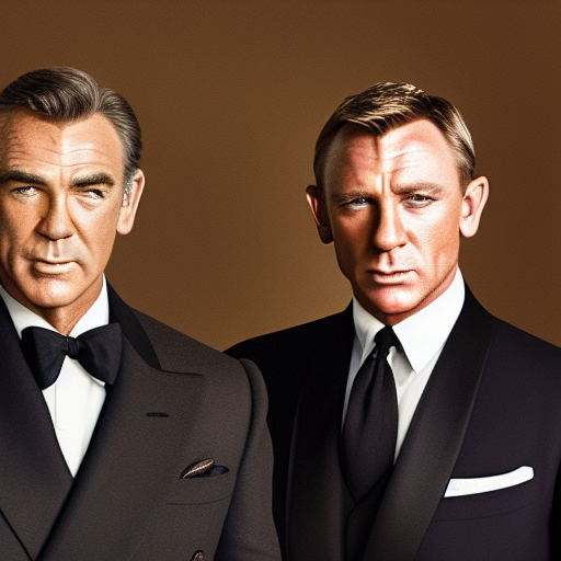 Sean Connery, Pierce Brosnan and Daniel Craig in a James Bond reunion ultra-realistic portrait cinematic lighting 80mm lens, 8k, photography bokeh