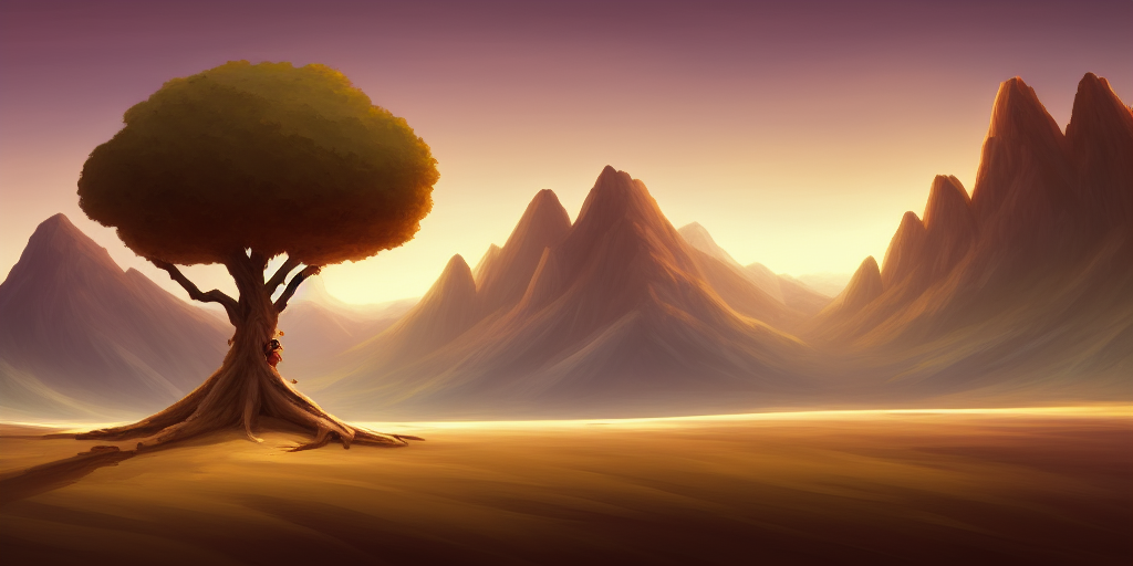 a digital painting of a tree in the middle of a desert area with mountains in the background, concept art by Noah Bradley, featured on Artstation, fantasy art, concept art, storybook illustration, artstation hq