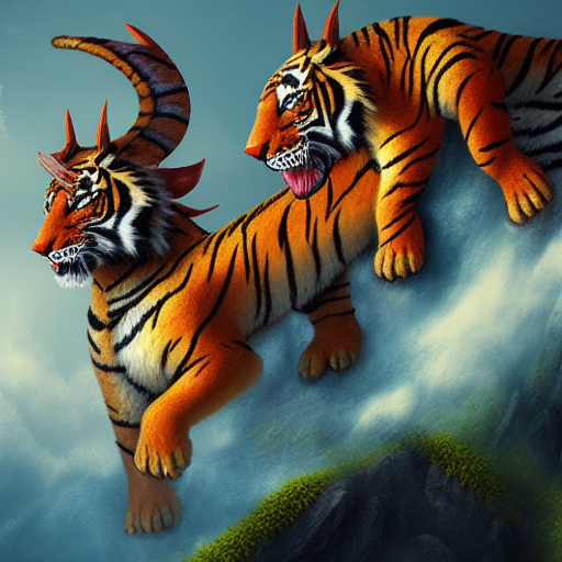 a tiger and dragon dragon next to each other on a cliff. Realistic