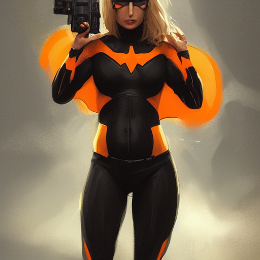 portrait of a superhero by greg rutkowski, she looks like britney spears, she is wearing a black, orange and yellow kevlar gear, highly detailed portrait, digital painting, artstation, concept art, smooth, sharp foccus ilustration, artstation hq
