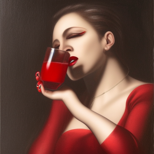 painting of a woman drinking a red drink similar to blood, vampire, black clothes, dark, sinister
