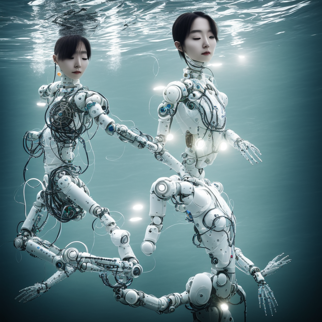 beautiful centered fine art photo portrait of hoyeon jung as a solarpunk robotic humanoid treading on water, white mechanical parts with led lights, ultra - detailed and intricate, sun lighting, soft focus, slow exposure hdr 8 k