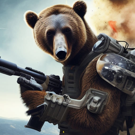 Bear wearing helmet and scifi armor, holding rifle, realistic, epic, battlefield background, explosions, smoke, debris flying, destroyed buildings, destroyed vehicle wrecks