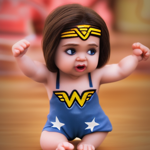 tiny baby wonder woman, 3D, standing, full budy, centralized, funny and sweet, photo realistic, cinematic ,lighting, 8k