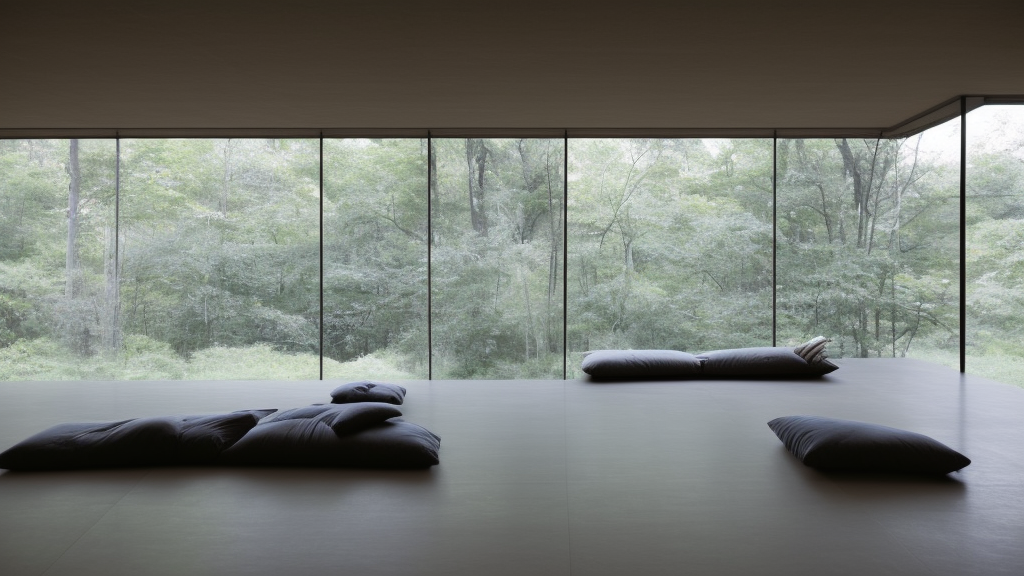 A photograph of a relaxing interior at early morning by Tadao Ando, sharp