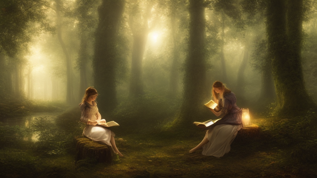 girl reading on stump in the magical forest. andreas achenbach, artgerm, mikko lagerstedt, zack snyder, tokujin yoshioka, impressionist