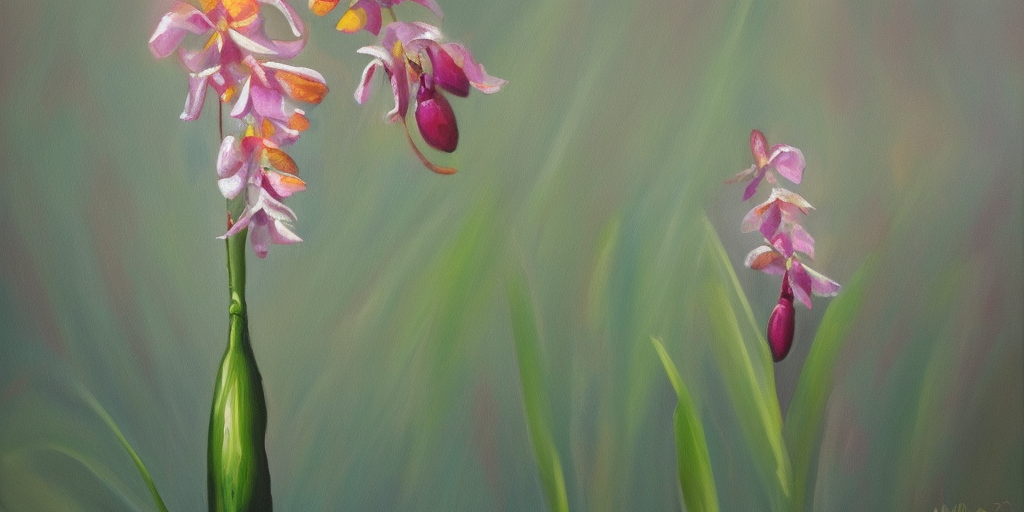 a oil painting of a rocket comes out of an orchid blossom