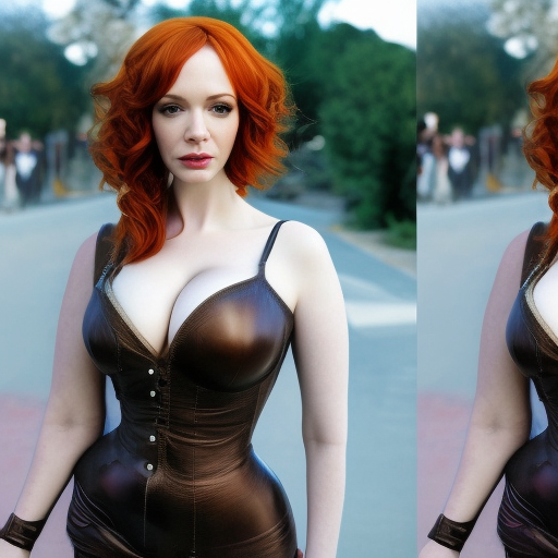 photo of a gorgeous christina hendricks, realistic, professionally, professionally color graded, full body shot, leather body suit, sharp focus, 8 k high definition, insanely detailed, intricate, elegant