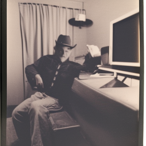 Cowboy watching television in old motel room | vintage scratched polaroid photo