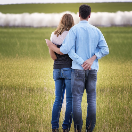First-person view of a couple who are standing in front of the land they just bought, which has low grass, and in the back, far away, there are other plots of land with fences demarcating the area, but the land the couple is looking at has none fence ultra-realistic portrait cinematic lighting 80mm lens, 8k, photography bokeh 