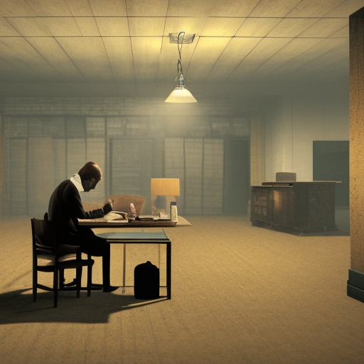Old and dusty office with only one employee, the Notary, sitting at his wooden desk while dealing with a ransomware attack. The ambience is gloomy and dark, with dim lighting coming from candles and old lamps. There is an air of loneliness and isolation in the scene, as the Notary tries to solve the problem alone.