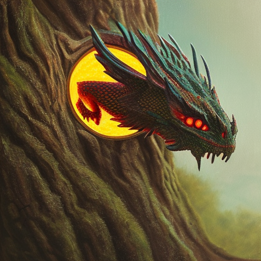 Dragon guarding its nest ultra-realistic portrait cinematic lighting 80mm lens, 8k, photography bokeh, oil painting on canvas