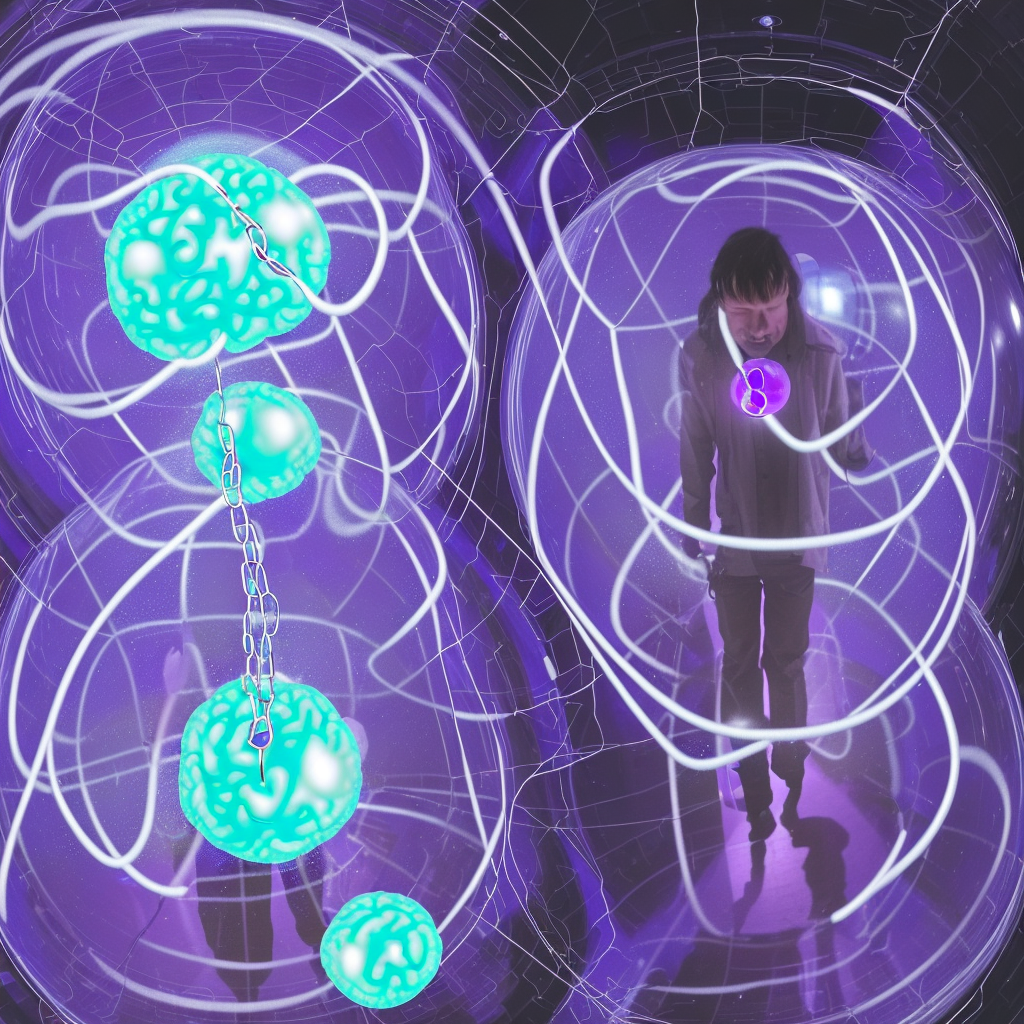 Generate a humanoid person's brain, locked up inside a virtual universe. The brain is depicted as a glowing blue orb, suspended inside a large bubble made of shimmering purple and blue hues. The bubble is tethered to the ground by a heavy chain, which is wrapped tightly around the brain and secured with a large padlock. The virtual universe surrounding the brain is a chaotic landscape of swirling colors and distorted shapes, representing the person's inner turmoil and distorted perception of the world. The space around the bubble is filled with a deep void, emphasizing the sense of isolation and loneliness that often accompanies depression.