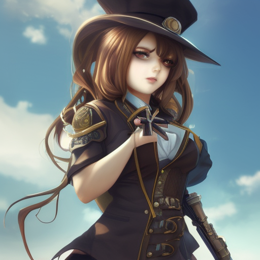 girl with steampunk weapons and uniform, serious, finely detailed, made by wlop, artgerm, full body portrait, illustration, grass, sunny, sky, anime, side view, perfect anime face, detailed face, zoomed out, smooth,