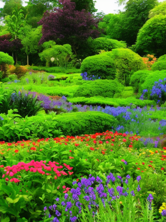 flowers in a garden, lush greenery in the background