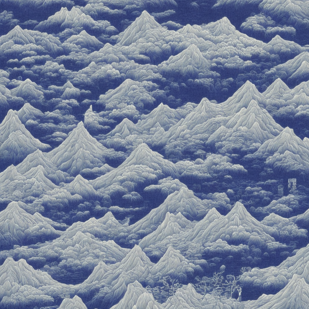 amanda sage pen blue Japanese landscape High quality engraving 