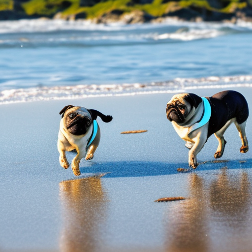 Pugs walking in the water at the beach