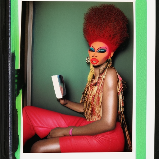 Photorealistic African drag queen in blonde wig, sitting by window in hotel room Kingston, Jamaica, vintage color polaroid, by Andy Warhol—v 4